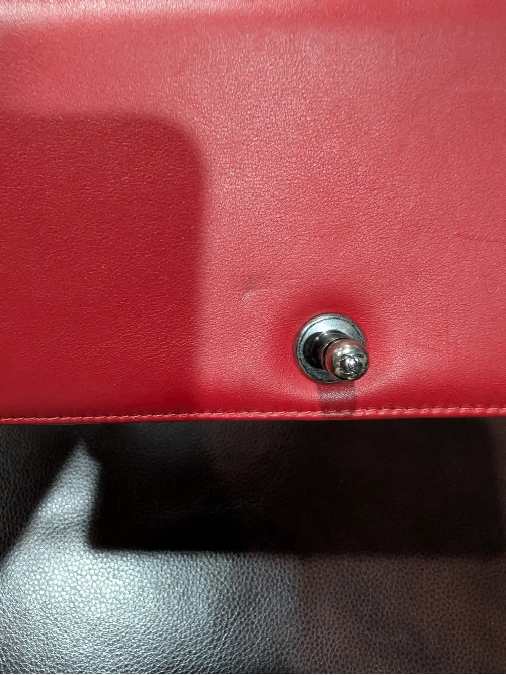 CHANEL Red leather small Boy with gunmetal tone chain